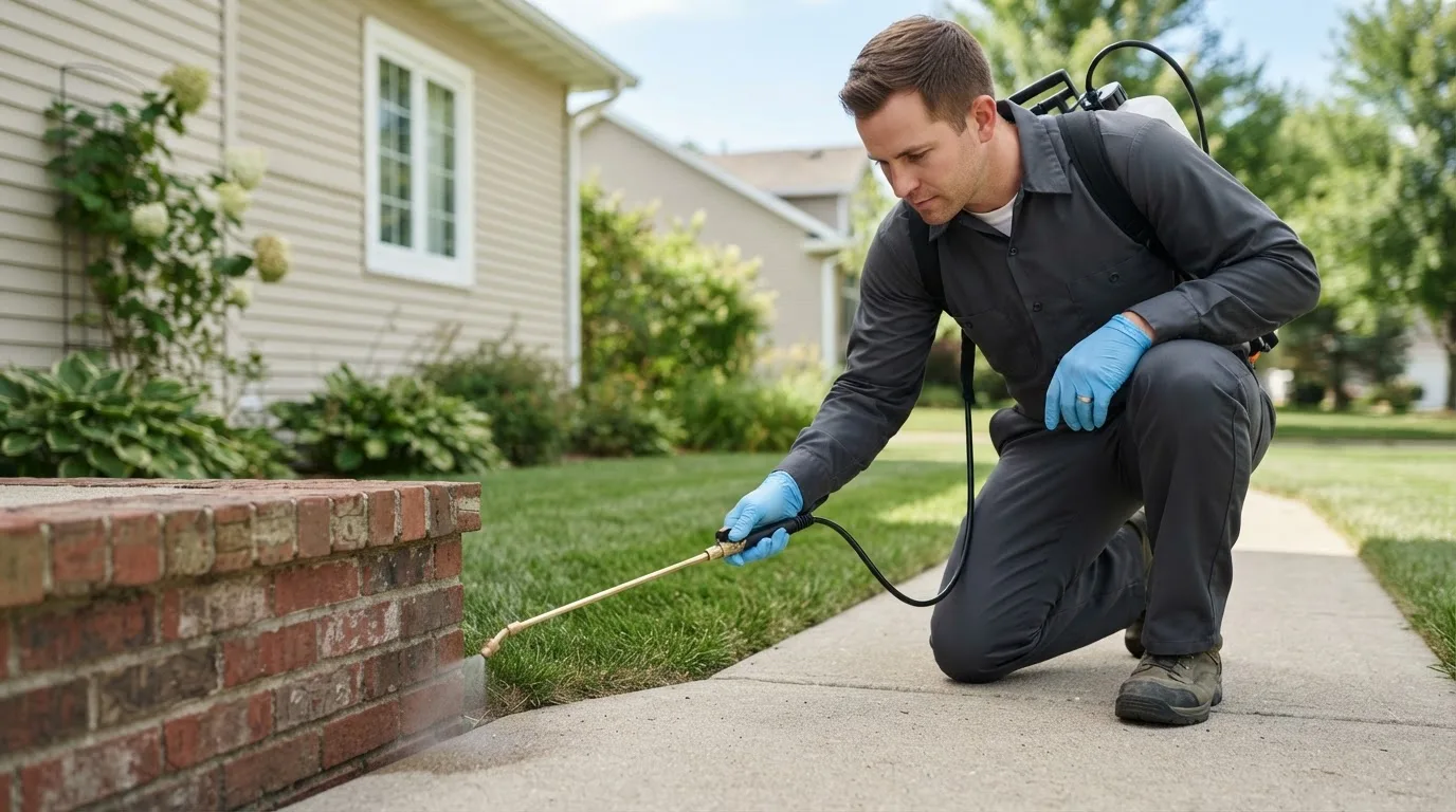 Pest control technician treating a home near Maplewood, OH